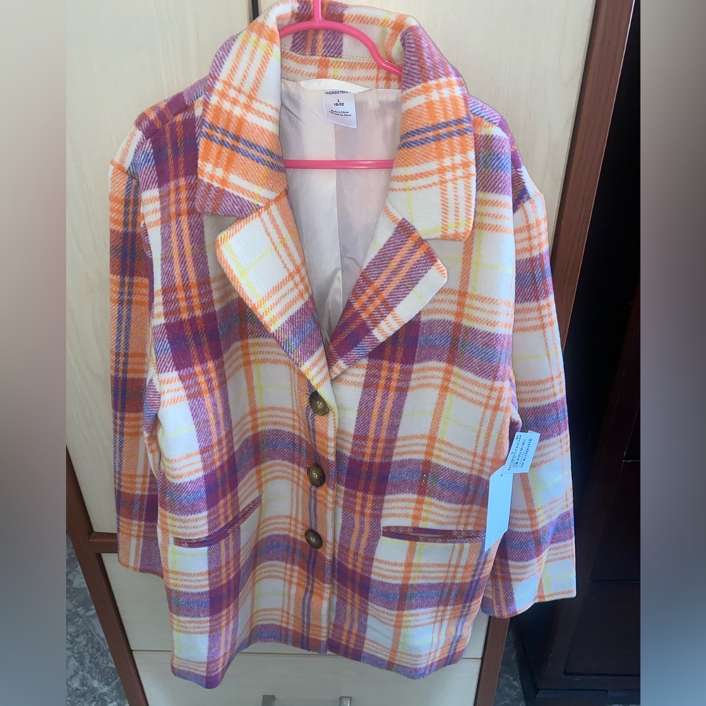 Nordstrom Girls Plaid Peacoat Jacket Orange Purple Size L 10/12 NWT